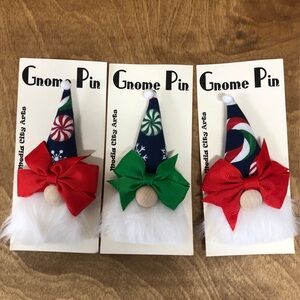 Christmas Candy Gnome Pin Brooch Handmade Gift Guide Bow Magnetic Peppermint